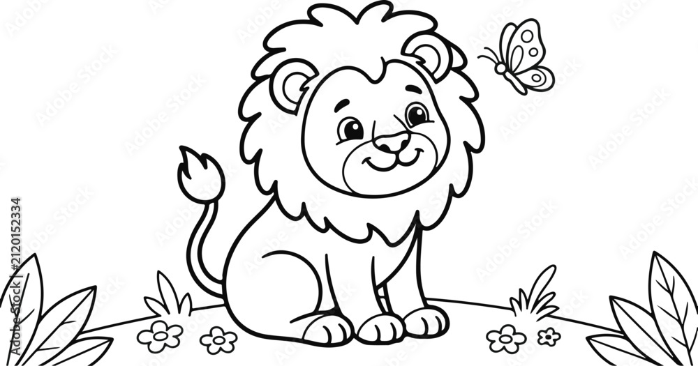 Fototapeta premium Cute cartoon lion sitting in the grass looking at a butterfly