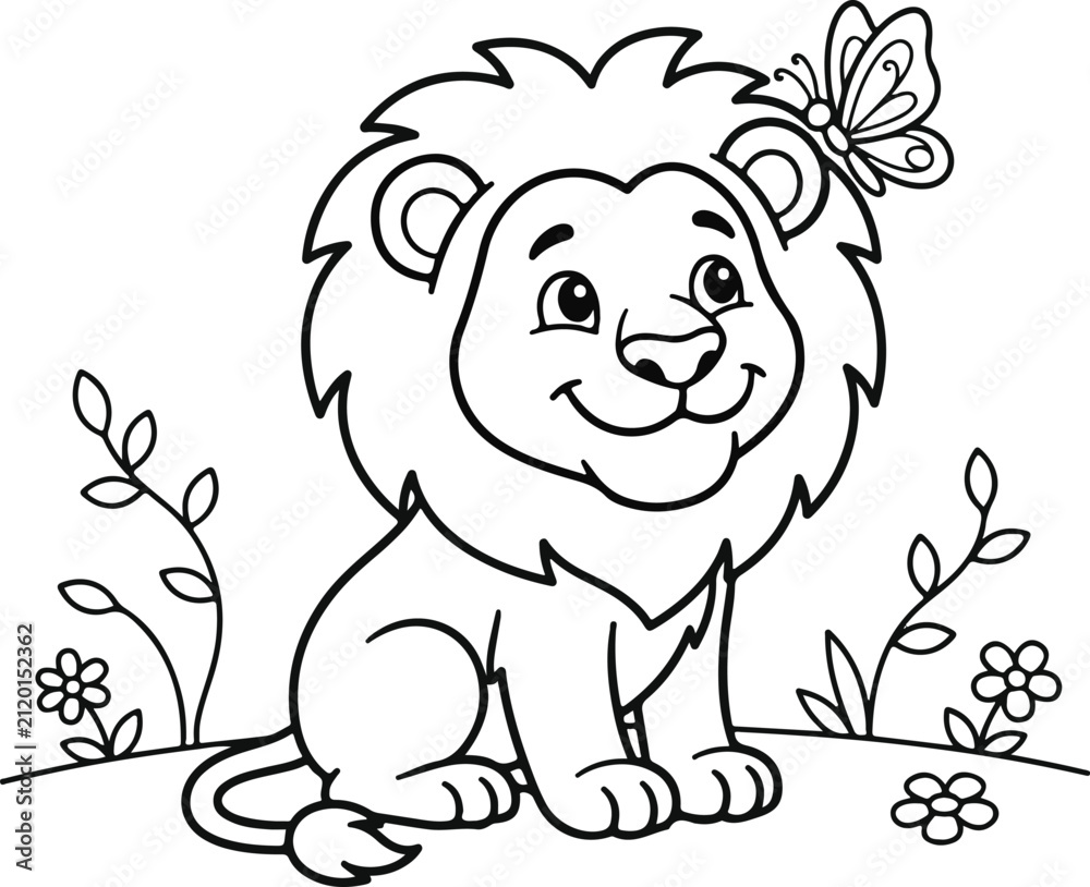 Obraz premium Cute cartoon lion sitting in the grass with a butterfly on its head