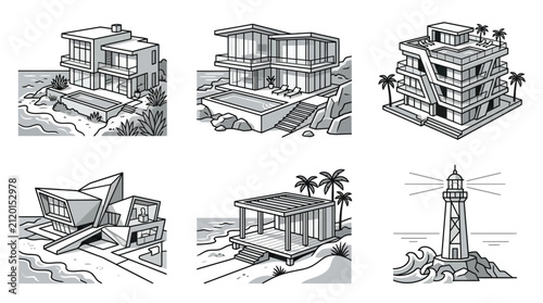 Modern architectural designs with pools, beach houses, and lighthouse
