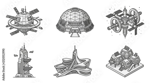 Isometric futuristic space station and colony base line art icon set