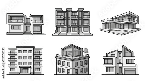 Modern house exterior and building architectural illustrations vector set