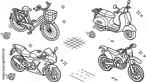 Foto Two wheeled vehicles line art isometric vector set featuring city bicycle motor scooter sport bike and dirt motorcycle
