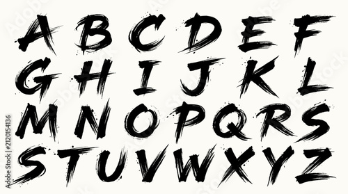 Bild auf Leinwand Black brush stroke alphabet letters A to Z with grunge texture on a white background, artistic and expressive typography