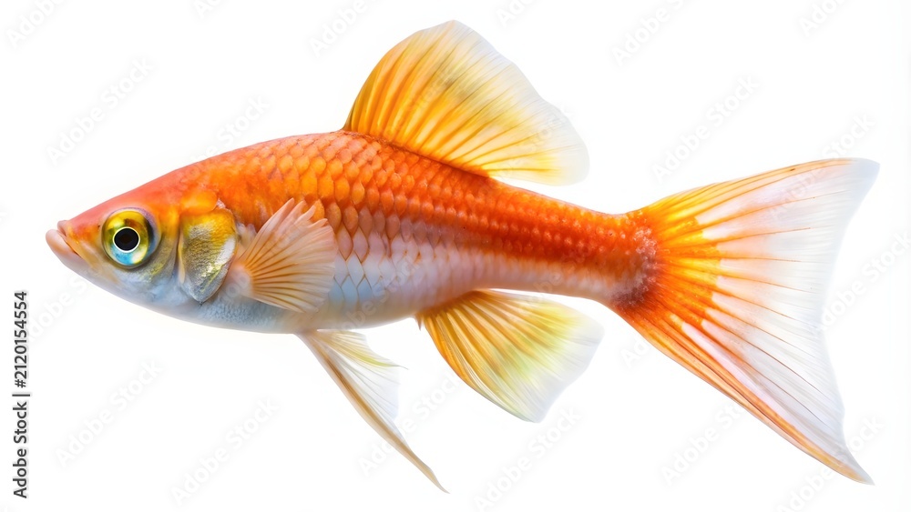 Fototapeta premium Vibrant orange swordtail fish swimming gracefully. Bright freshwater aquarium species with flowing fins isolated on white.