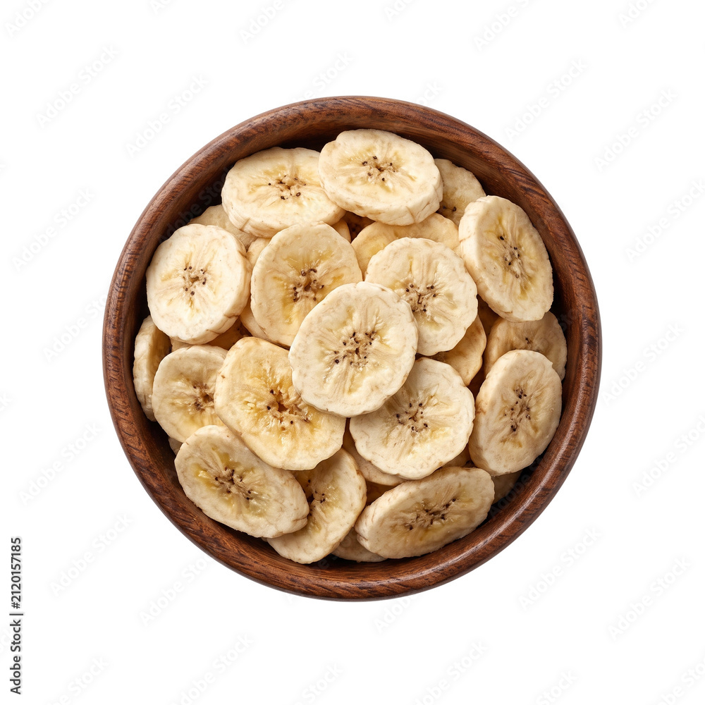 Fototapeta premium Dried Banana Chips in Wooden Bowl, Top View, Healthy Snack