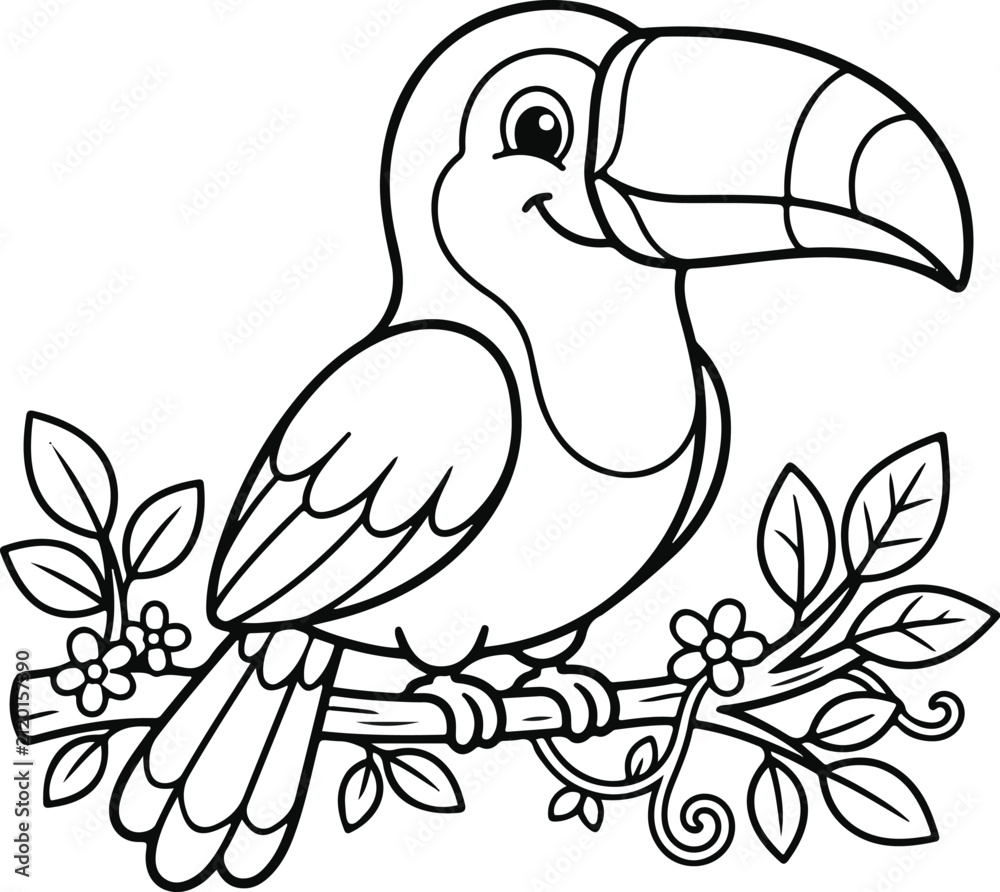 Obraz premium Cute cartoon toucan bird perched on a flowering branch, coloring page for kids