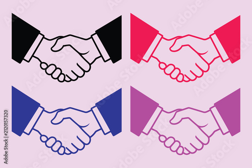 Four handshake in black, red, blue, and purple on a light background