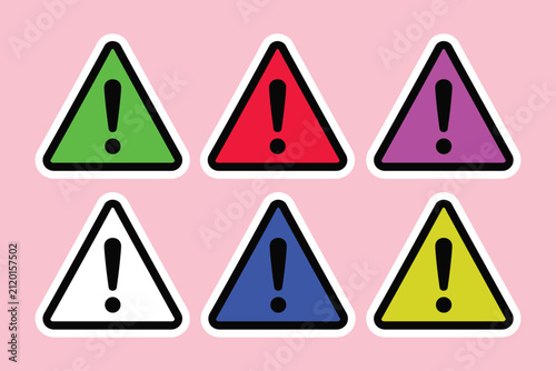 Set of six colorful triangular warning signs with exclamation marks