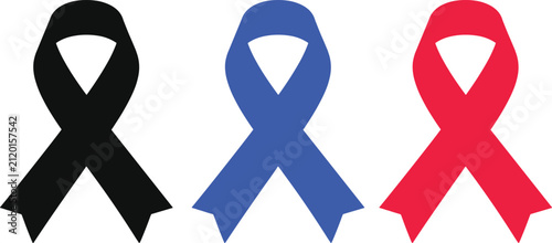 Three awareness ribbons in black, blue, and red on white background