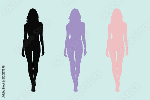 Three standing female silhouettes in black, purple, and pink