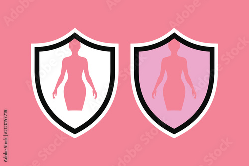 Two shields with female silhouettes on a pink background