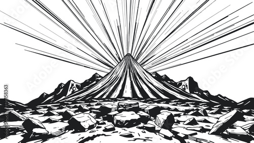 Quadro su tela Mountain Landscape Illustration with Dynamic Radiating Light Rays Ideal for Dram