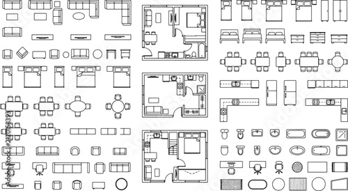 Architectural floor plan furniture symbols and house layout templates for interior design projects in vector format