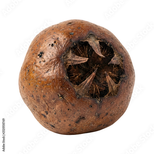 Ripe medlar fruit isolated on white background, organic brown mespilus germanica, healthy common medlar with textured skin and open calyx