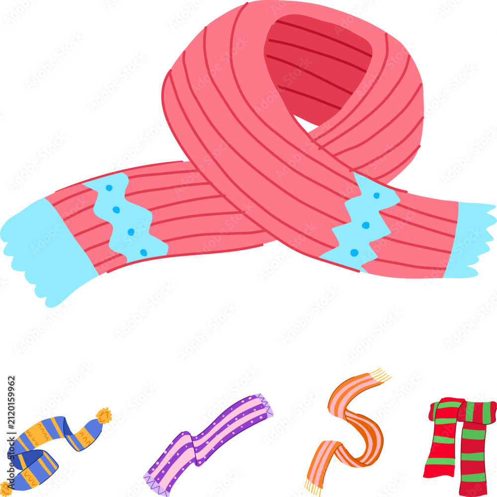 Fototapeta premium Variety of colorful knitted scarves with diverse patterns and textures, providing warmth and fashion for individuals during the colder seasons and winter activities