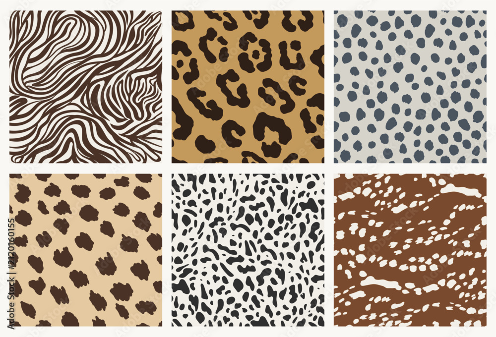 Obraz premium Hand drawn African animal skin prints in a natural color palette. Set of seamless patterns. Jaguar, zebra, cheetah, hyena, dappled deer for fashion, fabric and branding design. Swatches included