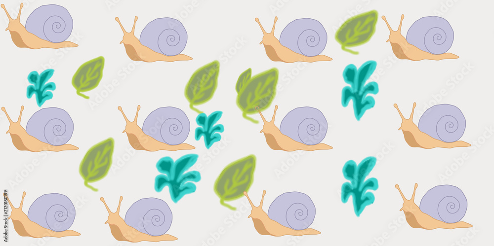 Obraz premium Cute seamless pattern with cartoon snails and leaves