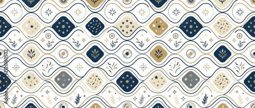 Abstract Geometric Wave Pattern with Floral and Star Elements