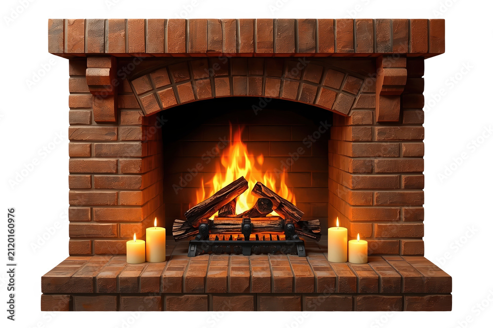 Obraz premium Brick fireplace with burning logs and side candles