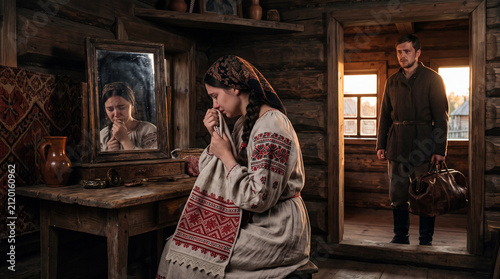 Slavic woman at mirror with candles, man in doorway, traditional embroidered dress, wooden house
