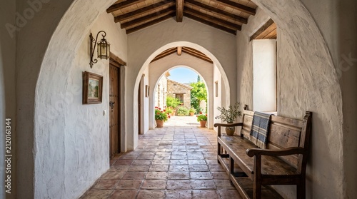 A serene stone courtyard passage featuring rustic wooden furniture beneath vaulted white arches that frame a sunlit Mediterranean garden escape with terracotta tiles and charming house decor