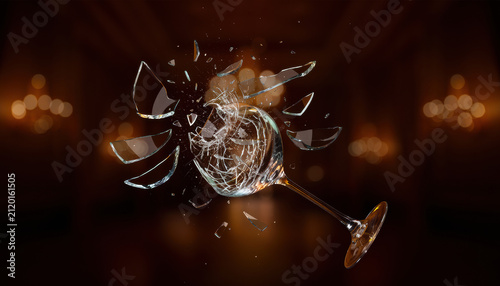 Crystal wine glass shattering midair macro fragment clear stemware dark background motion splash frozen broken drinkware with warm bokeh light