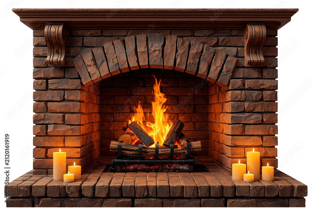 Obraz premium Large traditional brick fireplace with glowing flames