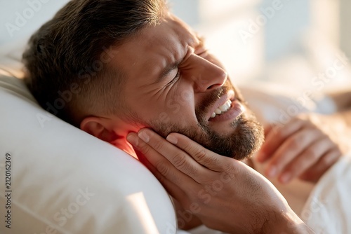 Man lying in bed with severe jaw pain after nighttime teeth grinding, representing bruxism symptoms, TMJ dysfunction, muscle soreness and oral health issues