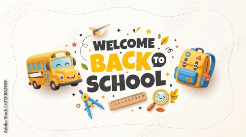 Welcome back to school 3d illustration with cute yellow bus, backpack, ruler, and stationery icons on a soft light background for education.
