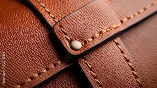 Close-up of a brown leather bag showing detailed stitching and a metal rivet, highlighting texture and craftsmanship.