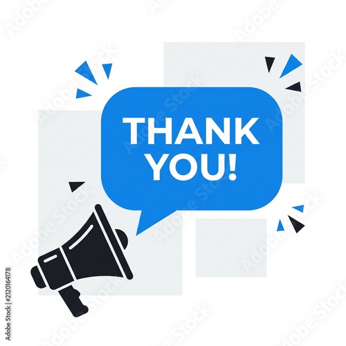 Megaphone with a speech bubble displaying the text thank you in a bold blue design for marketing announcements and customer appreciation.