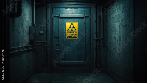 A warning about electrical voltage is attached to a metal door.