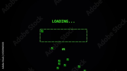 Glowing green digital blocks assembling into a progress loading bar