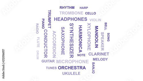 Seamless word cloud background pattern for presentations, educational materials, posters, cards, or printables. Text graphics and text tags concept on the theme of musical instruments. 