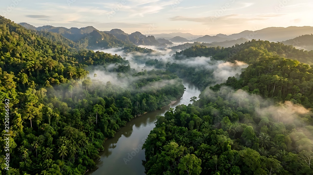 Obraz premium Rainforest mountains rise above a winding river valley shrouded in thick morning mist and clouds.