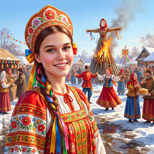 The traditional Slavic folk holiday of Maslenitsa. Russian girl in a kokoshnik and a sarafan