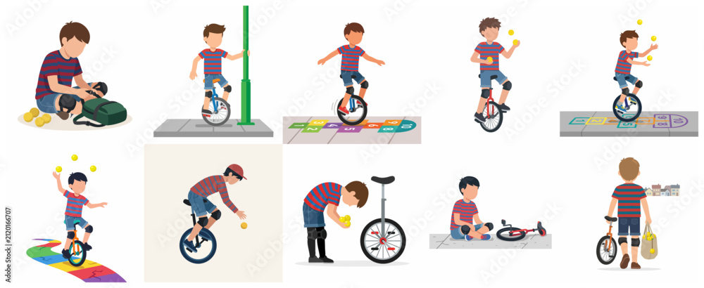 Fototapeta premium Set of vector illustrations of a boy learning to ride a unicycle and juggle balls