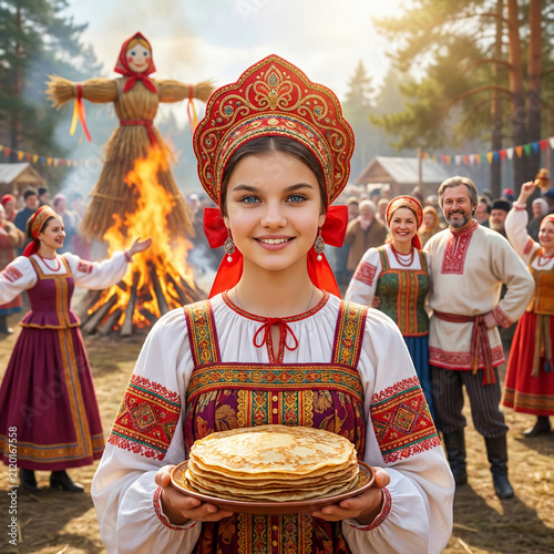 The traditional Slavic folk holiday of Maslenitsa. Russian girl in a kokoshnik and a sarafan