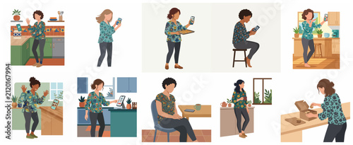 Set of modern women using smartphones for video calls, social media, and daily home activities like baking and relaxing in flat vector style