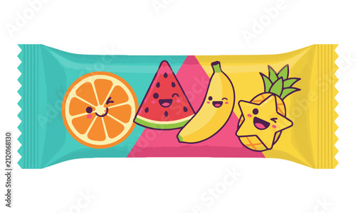 Rectangular snack food wrapper with colorful smiling fruit slice mascots in a playful flat design on white background. Healthy food packaging concept