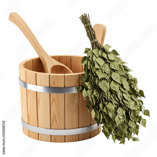 Wooden Sauna Bucket with Birch Whisk Broom and Ladle on White Background