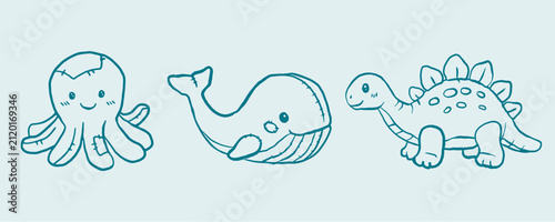 Cute doodle toy illustrations of an octopus, dinosaur and whale. Adorable cartoon outline vector set isolated on white background for stickers, nursery decor, coloring pages and children's designs.