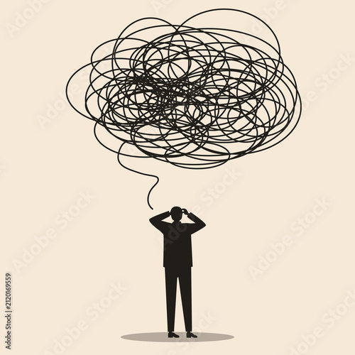 Concept Overthinking and mental chaos, featuring the silhouette of a bewildered person.