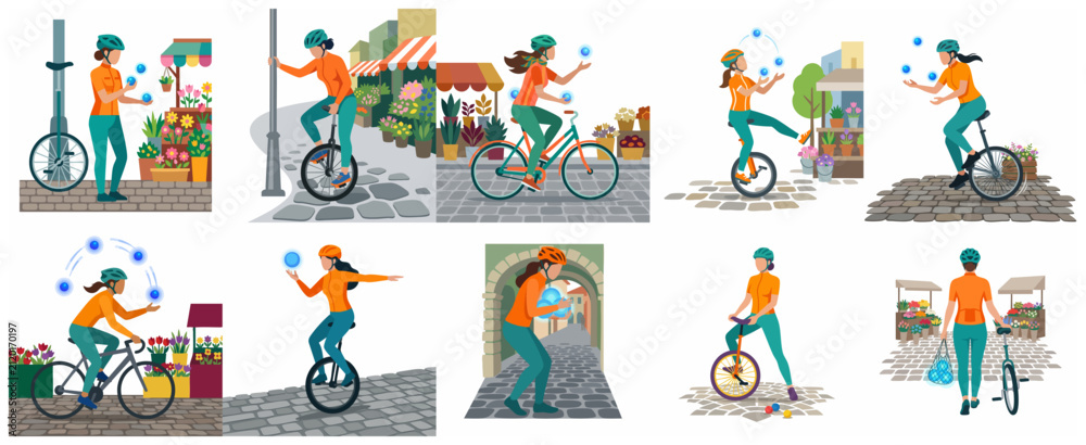 Fototapeta premium Set of flat vector illustrations featuring a young woman juggling while riding a bicycle and unicycle in a charming urban street with flower shops.