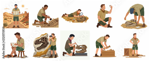 Canvastavla Flat vector illustration set of paleontologists excavating dinosaur fossils and