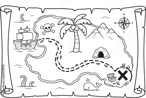 Obraz na płótnie Black and white line of a pirate treasure map on parchment, featuring a sailing