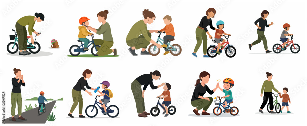 Fototapeta premium Mother teaching son to ride a bicycle flat vector illustration set. Concepts of parenting, childhood development, and outdoor family activities.