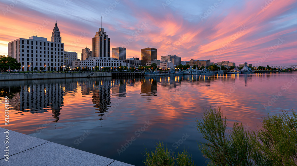 Fototapeta premium Serene cityscape at sunset with calm body of water, tranquil urban travel destination, with copy space