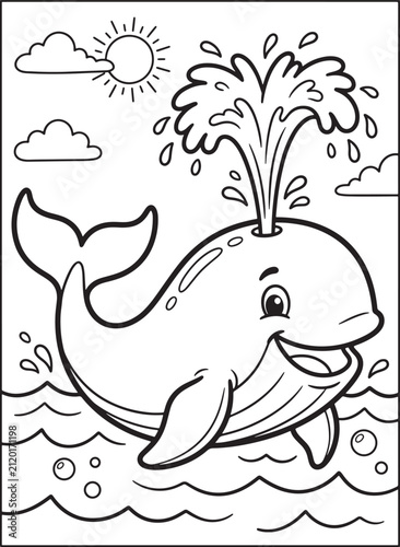 Canvas Print Coloring page for children featuring a cute, smiling whale splashing water from