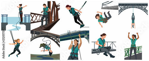 Bild auf Leinwand Collection of women bungee jumping from bridges illustrations, extreme sport act